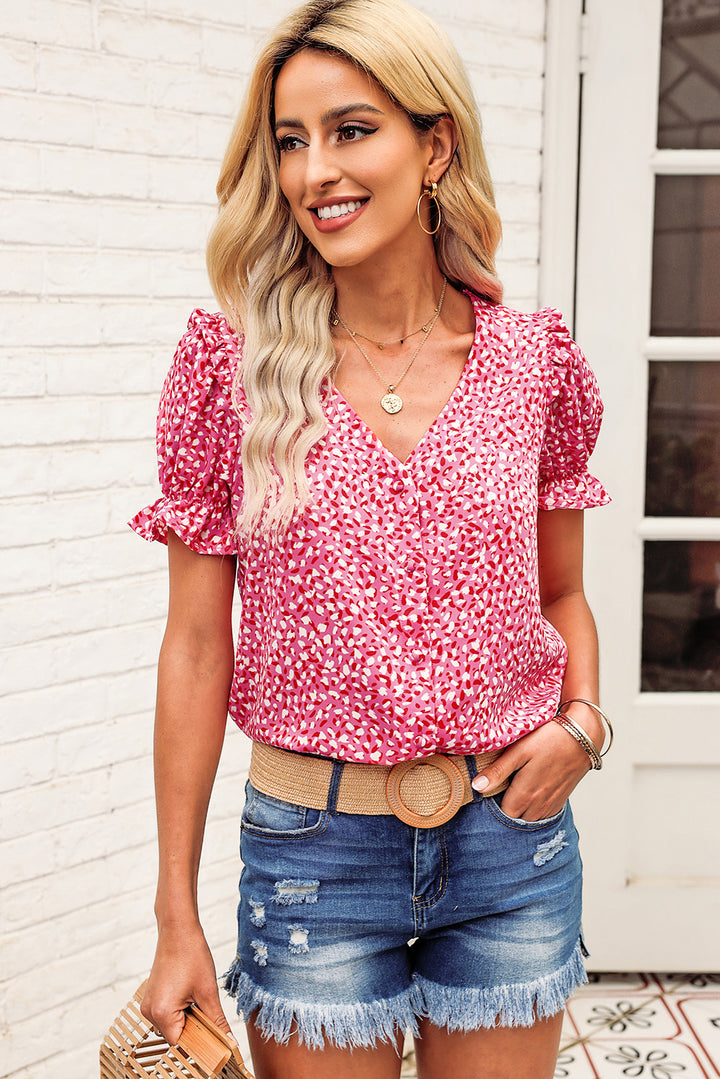 Ditsy print flounce-sleeve V-neck blouse
