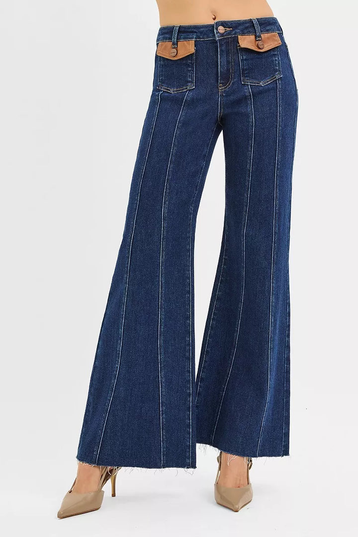 High-rise wide flare jeans with leather pocket flaps