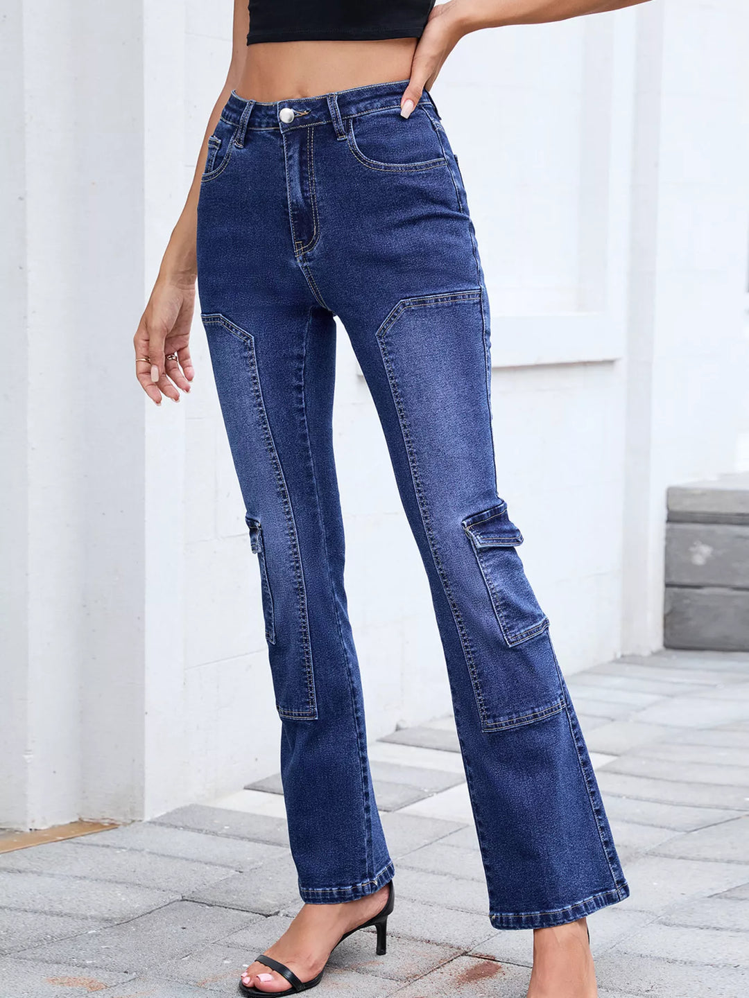 High-rise bootcut cargo jeans with paneled seams