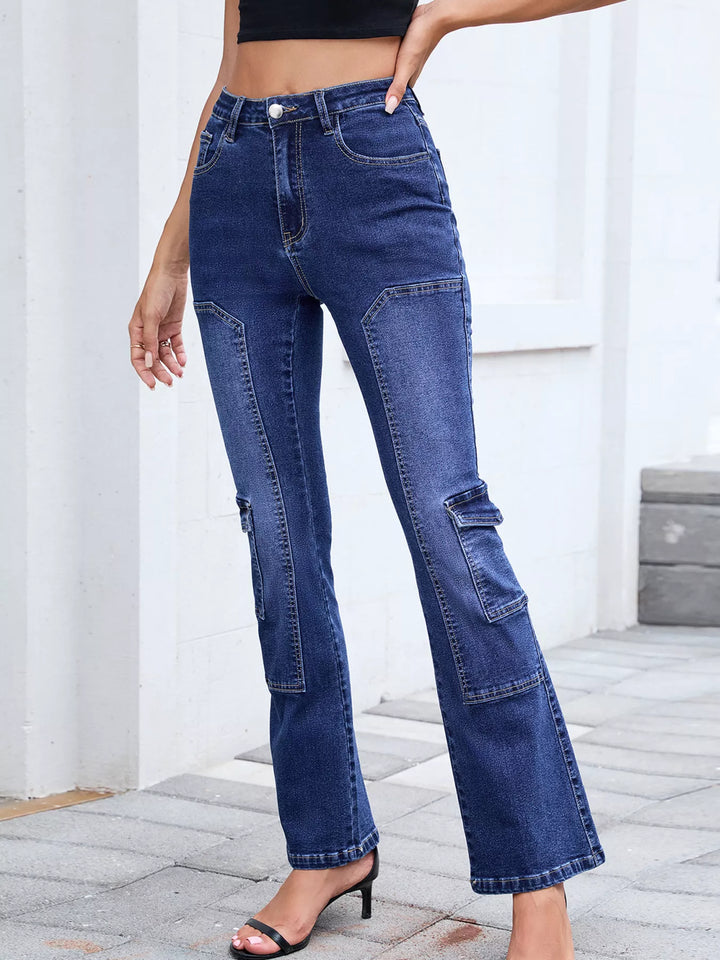 High-rise bootcut cargo jeans with paneled seams