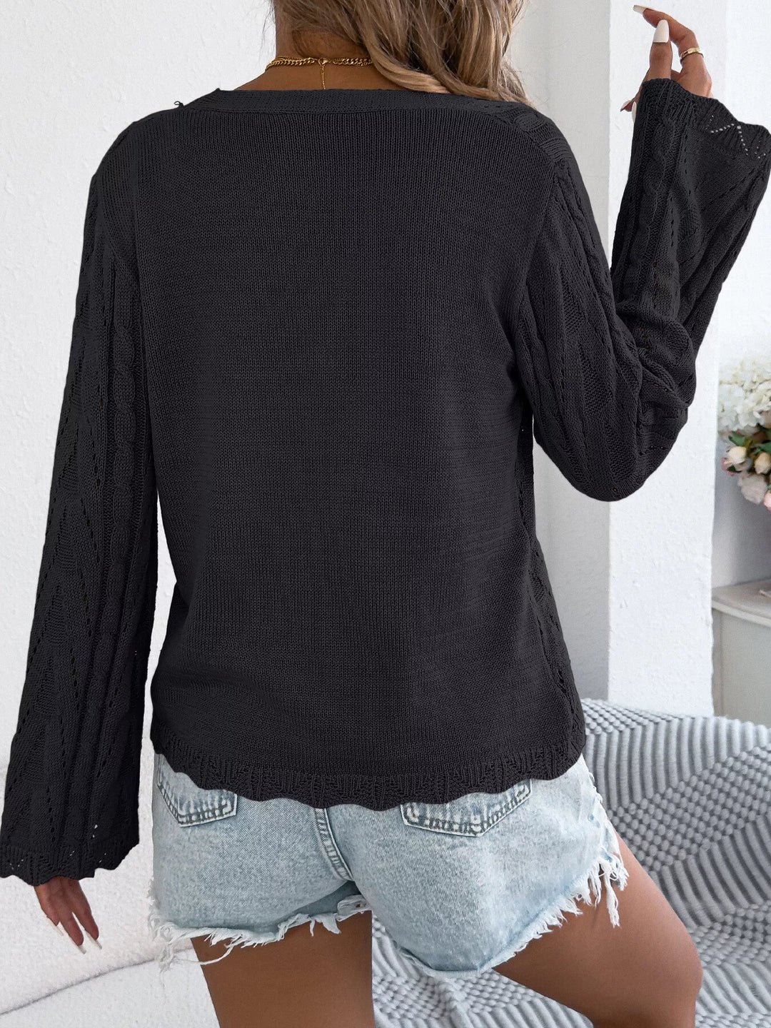 Openwork tie-front knit cardigan with bell sleeves