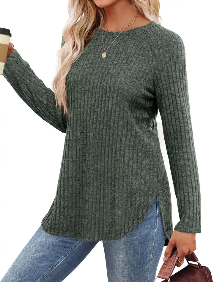 Ribbed knit crew neck long sleeve top with curved hem