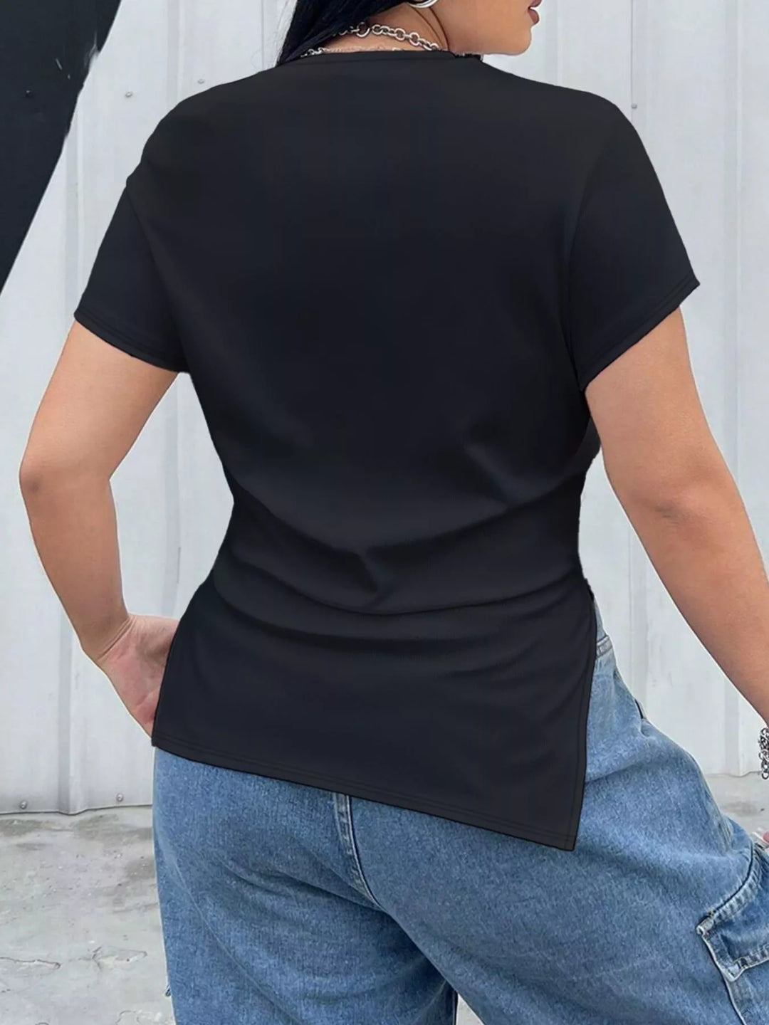 Ruched drawstring side-slit short sleeve tee