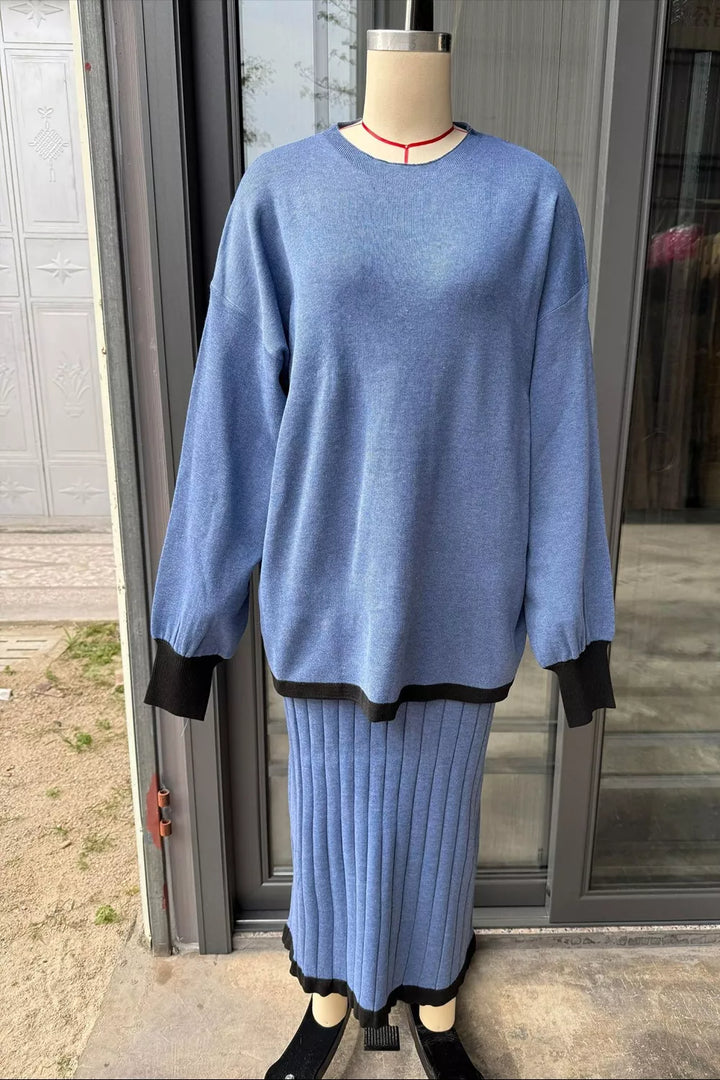 Contrast trim knit sweater top and ribbed maxi skirt set