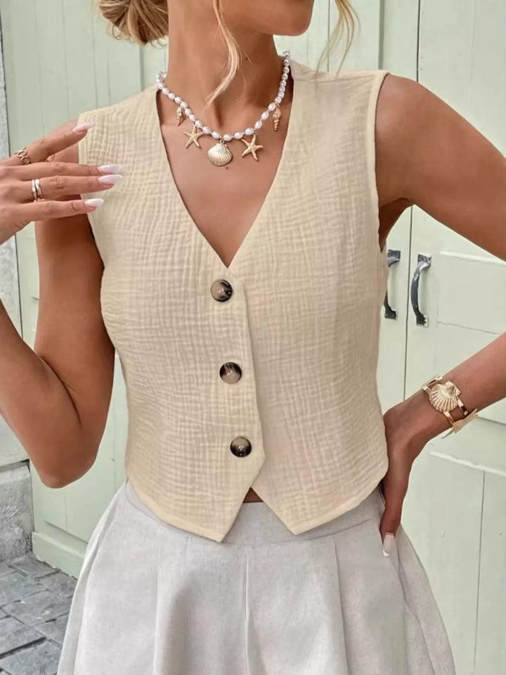 Textured cotton gauze button-front cropped vest
