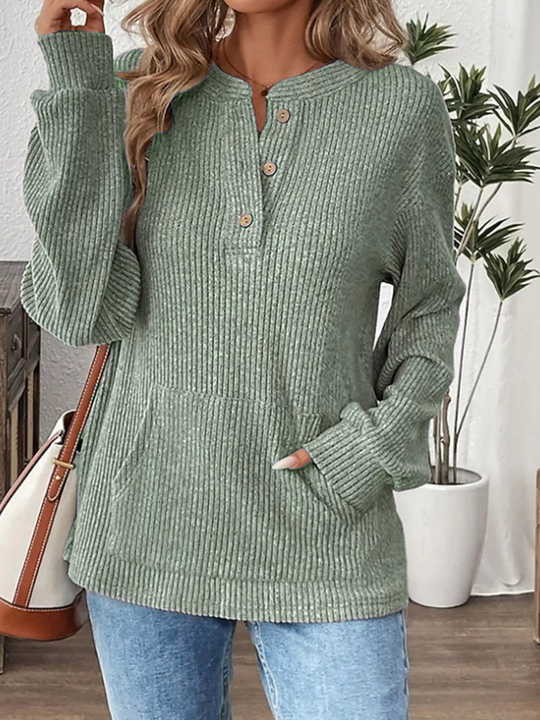 Light Green Ribbed knit long sleeve henley top with button placket
