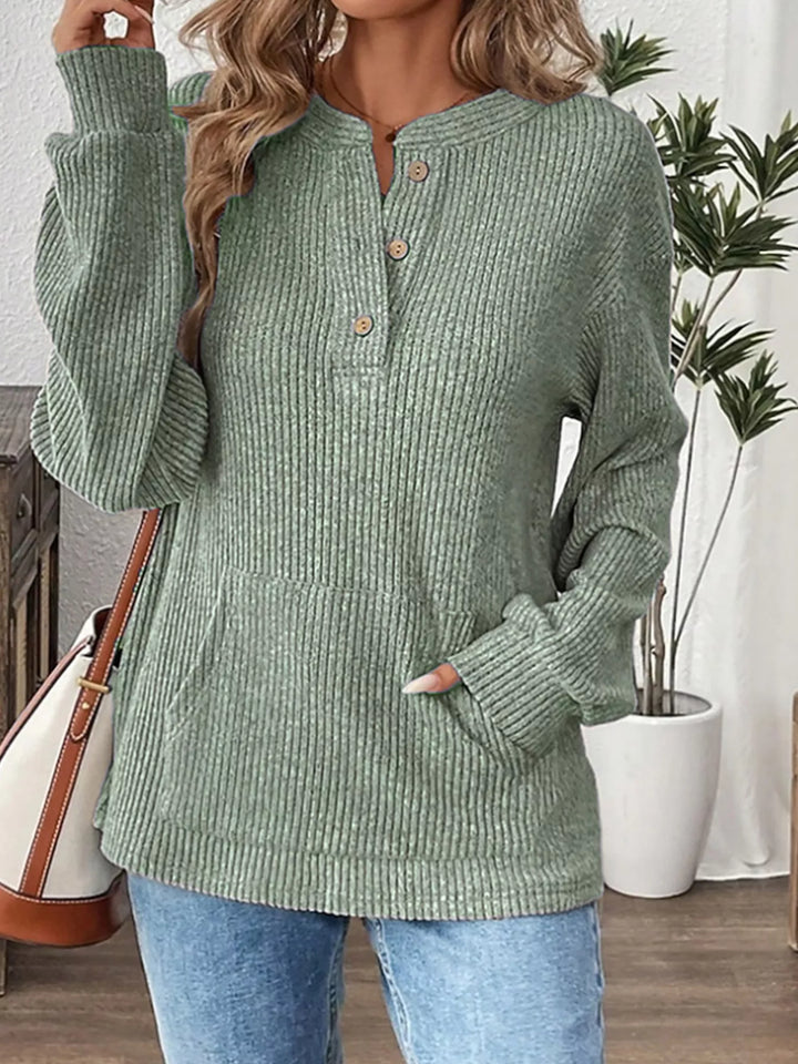 Light Green Ribbed knit long sleeve henley top with button placket