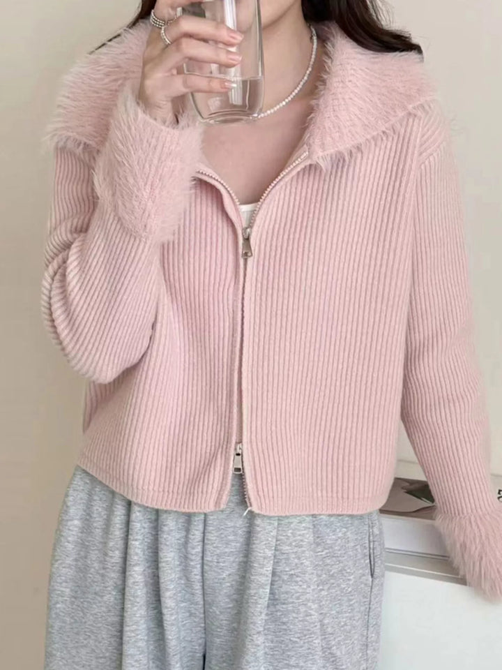 Ribbed knit zip-up cardigan with fluffy faux fur trim