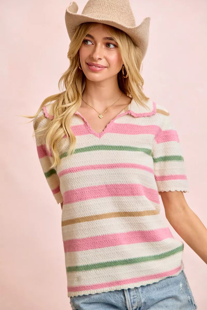 Striped scalloped-trim collared knit polo top