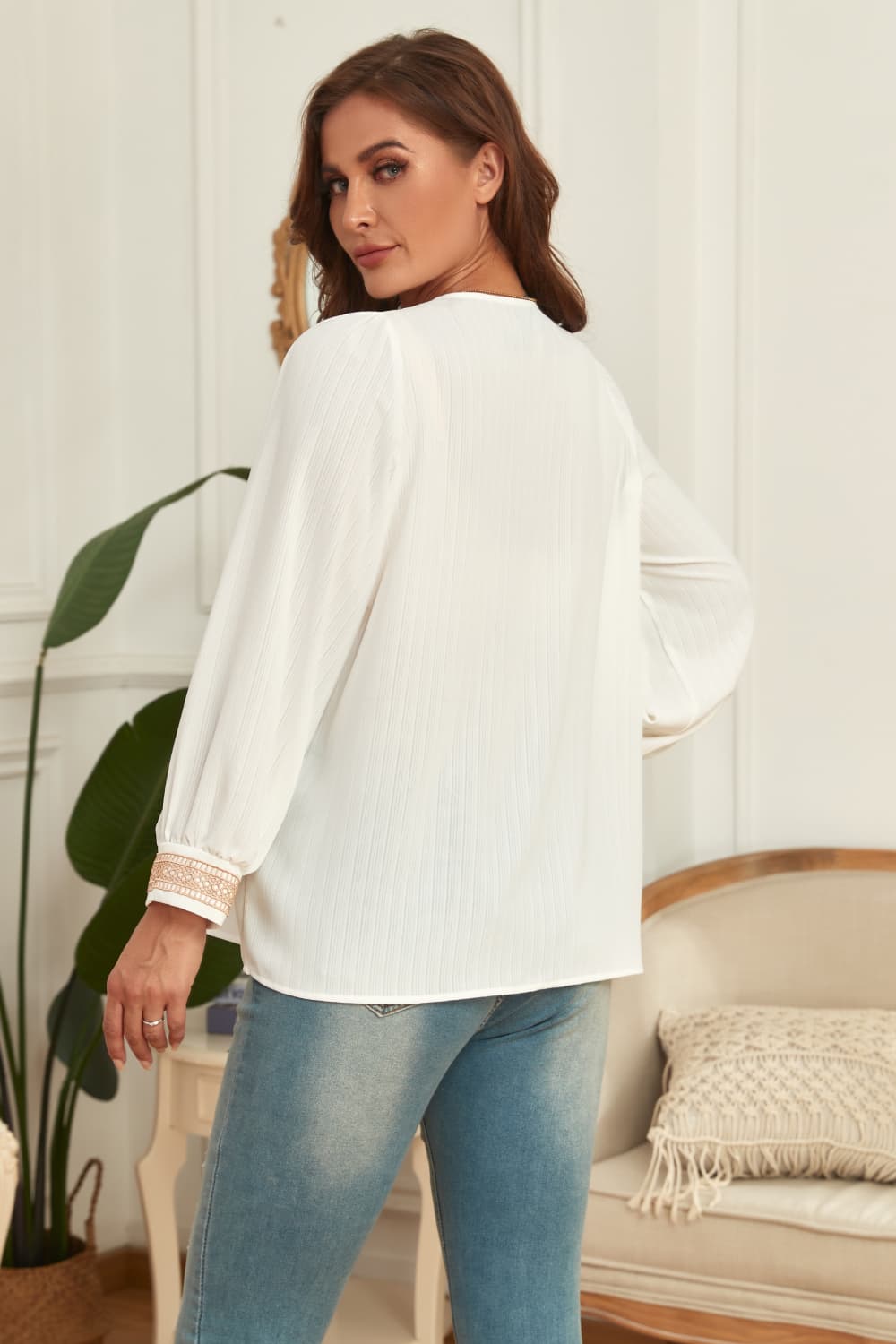 V-neck puff sleeve blouse with embroidered trim