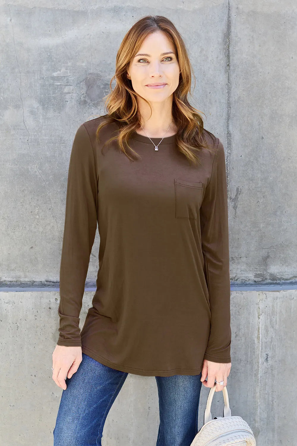 Chocolate Long sleeve round neck tunic top with chest pocket