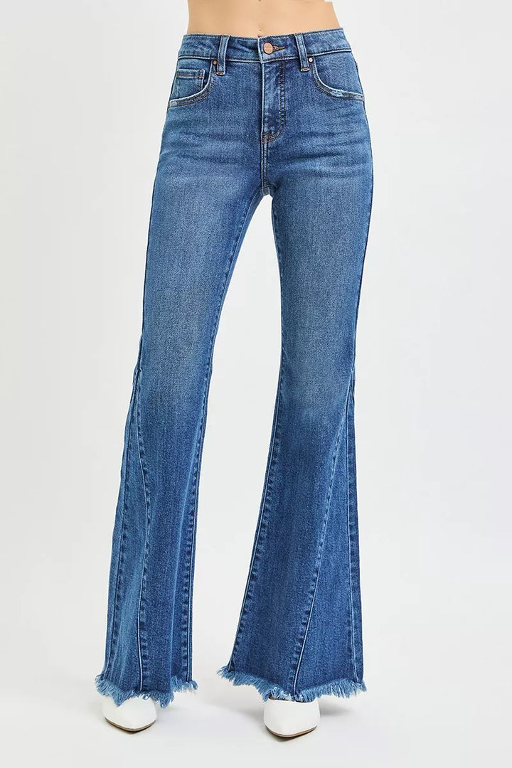 Mid-rise flare jeans with paneled side seams and raw hem