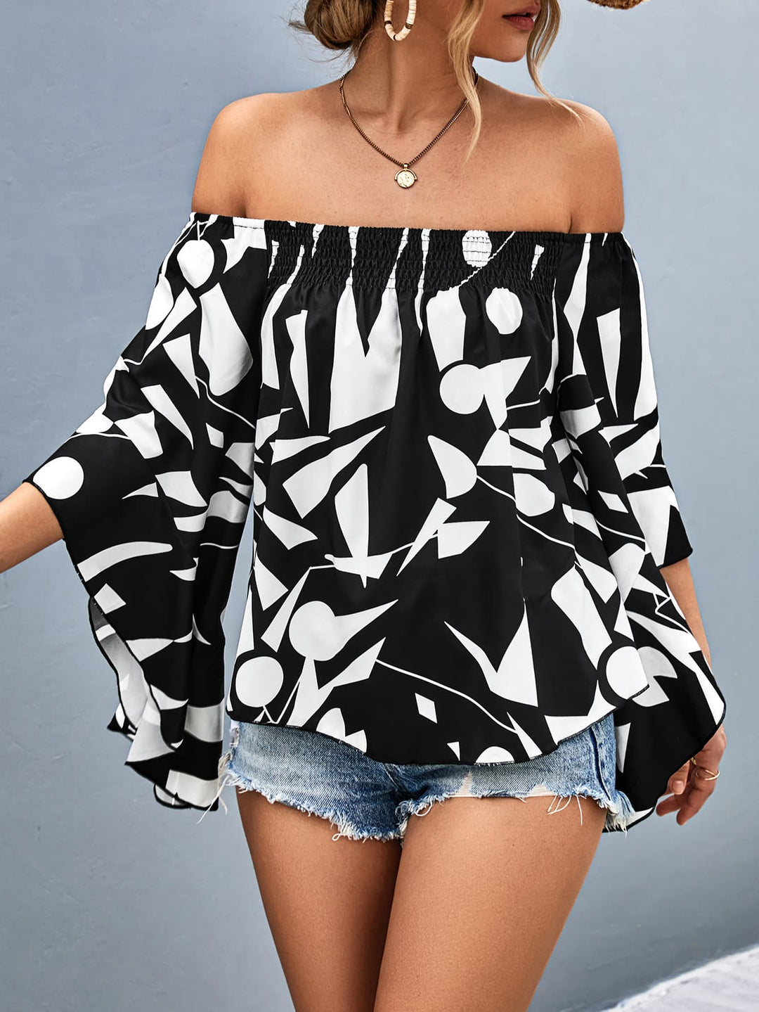 Geometric print off-shoulder bell sleeve blouse