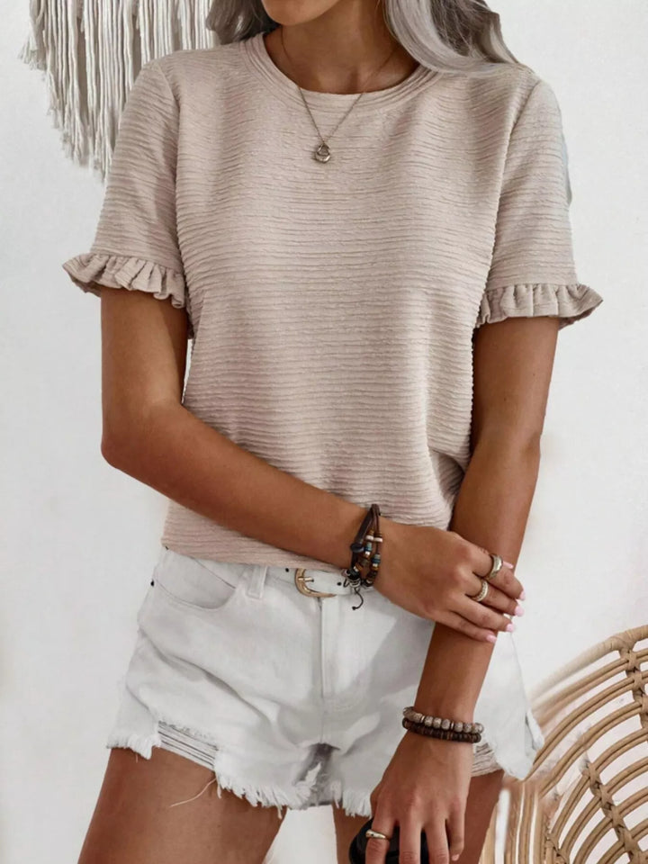 Ruffle-cuff crew neck top with crinkle texture
