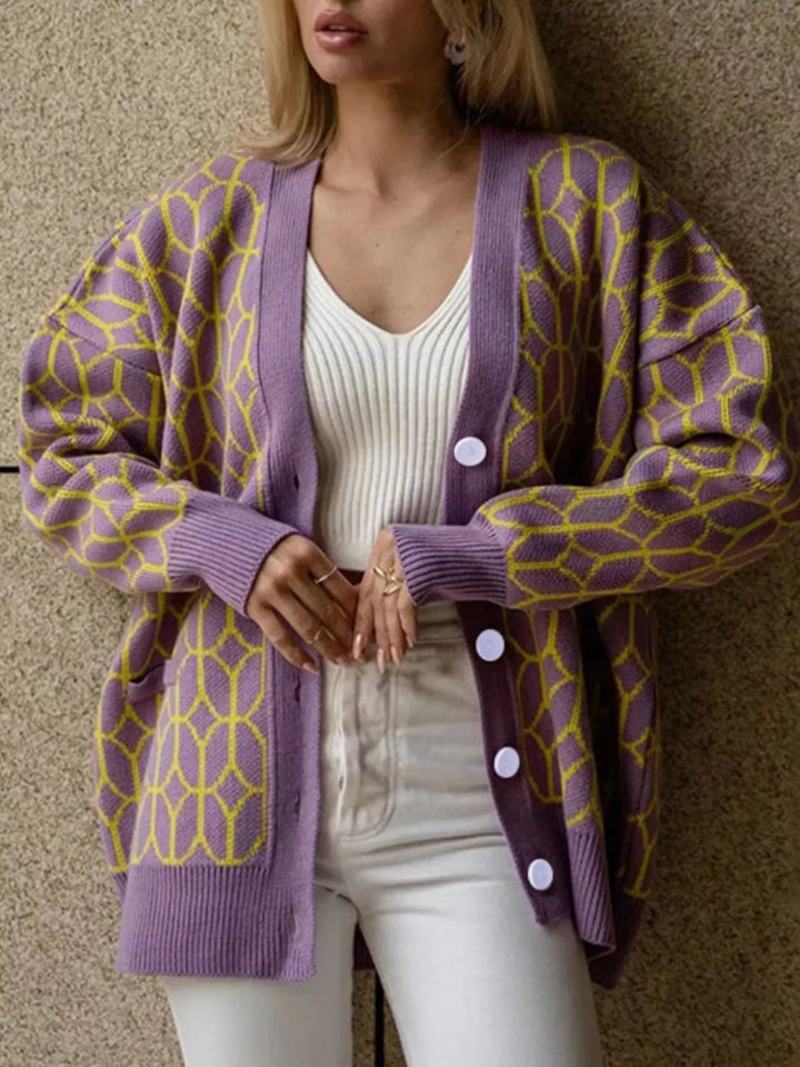 Purple Oversized geometric knit button-down cardigan with pockets