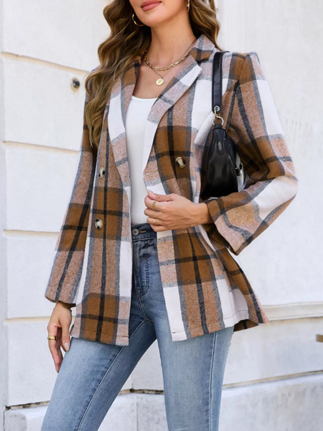 Plaid double-breasted blazer with notched lapels