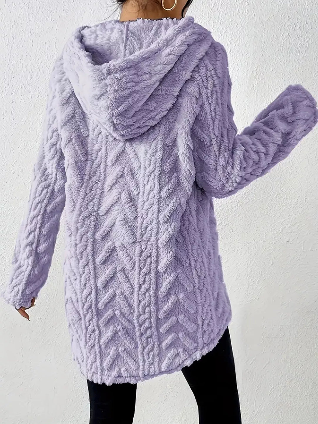 Textured cable-knit fleece pullover hoodie with drawstring