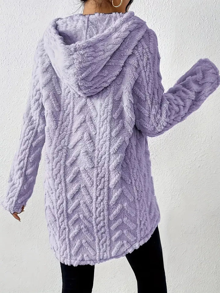 Textured cable-knit fleece pullover hoodie with drawstring