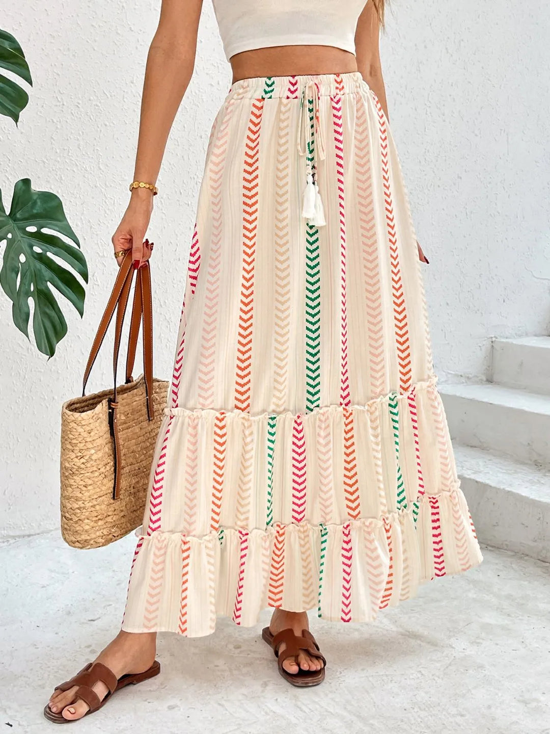 Striped print tiered maxi skirt with tassel tie waist