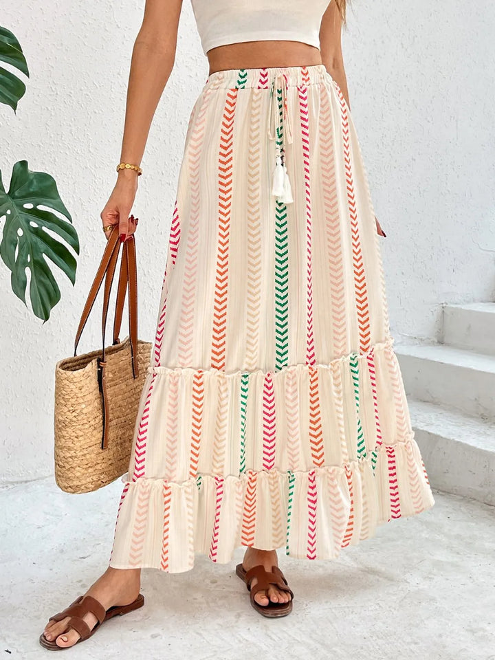 Striped print tiered maxi skirt with tassel tie waist