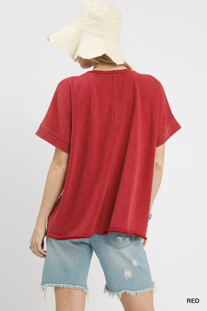 Mineral wash French terry top with floral patchwork flower