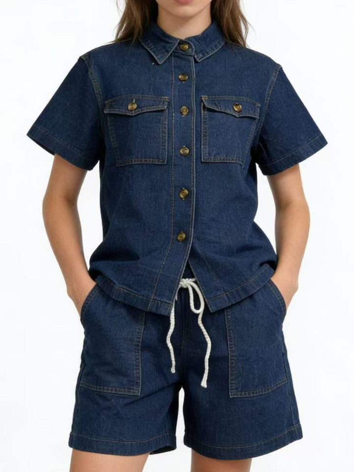 Short sleeve denim shirt and drawstring shorts set