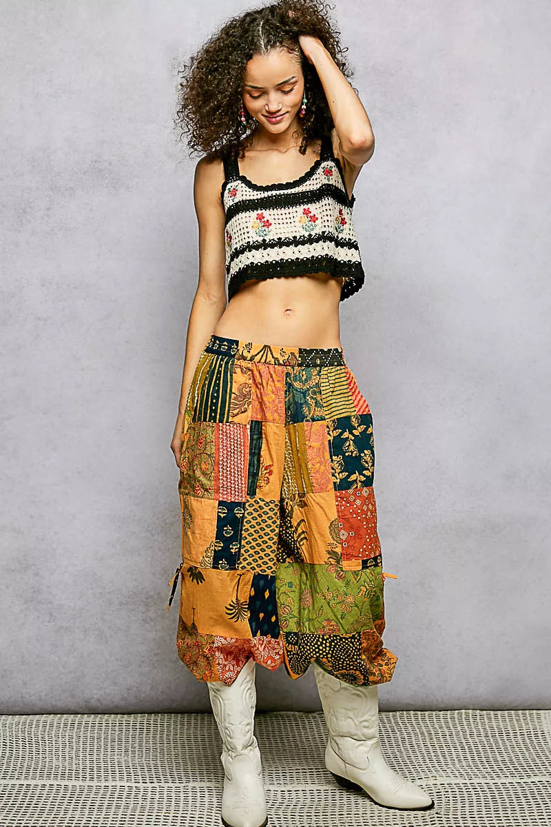 Floral embroidered crochet crop cami with scalloped hem