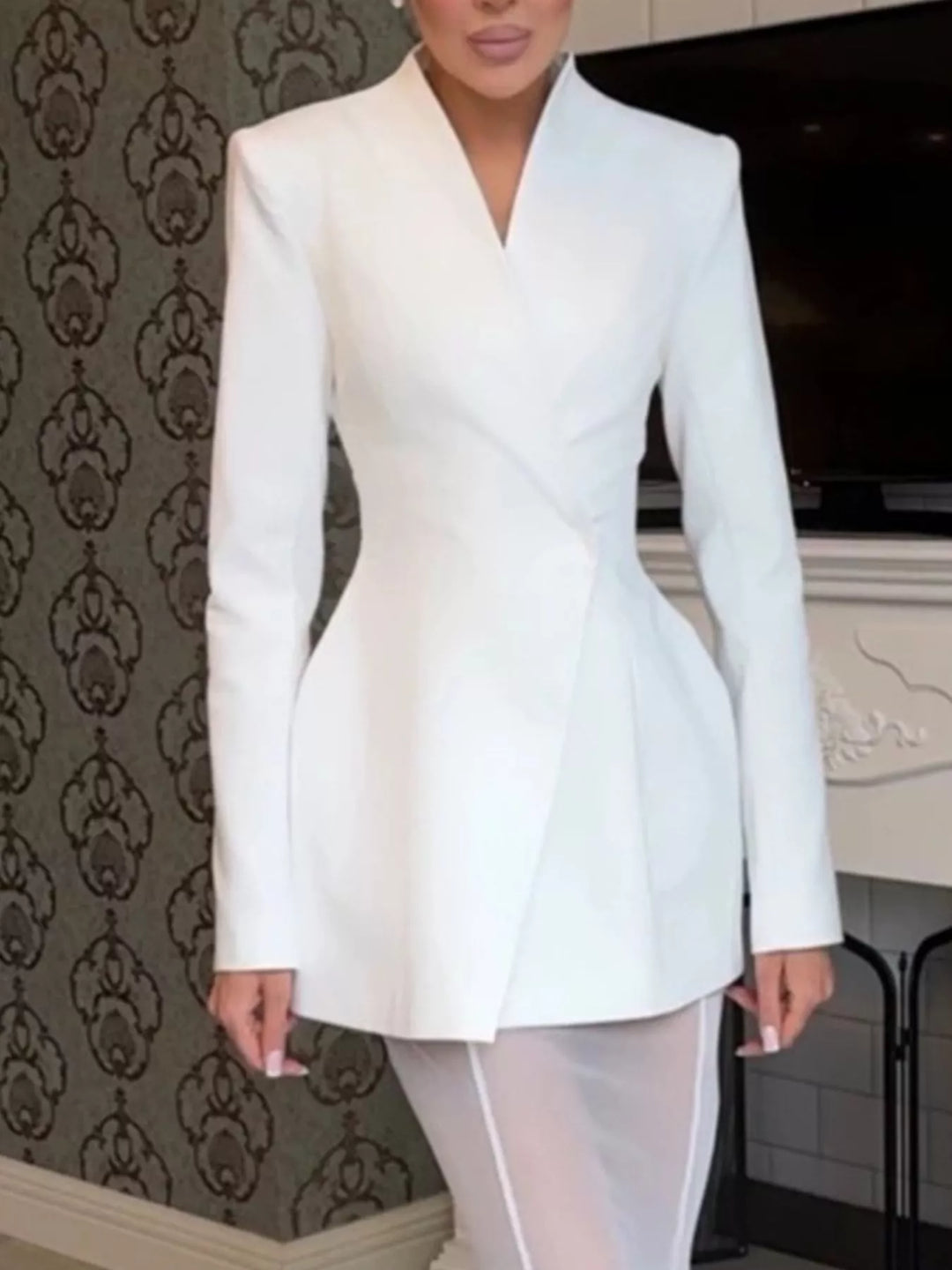 Collarless wrap-front blazer with cinched pleated waist