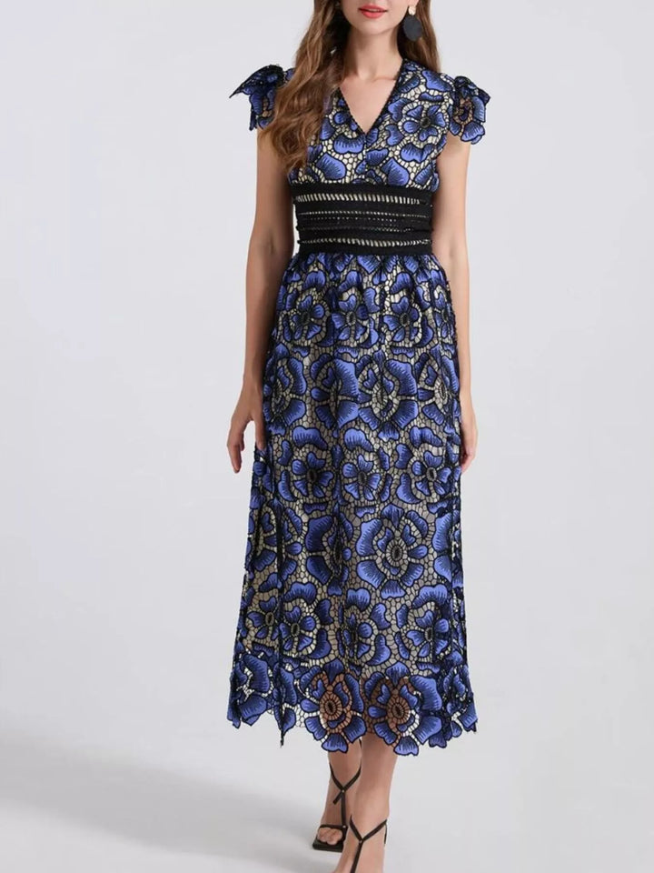 Embroidered floral lace V-neck midi dress with flutter sleeves