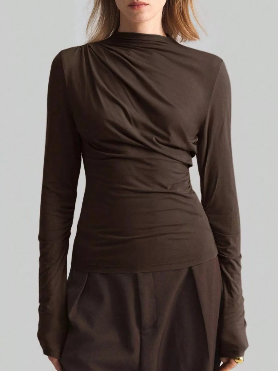 Ruched drape-front high-neck long sleeve top