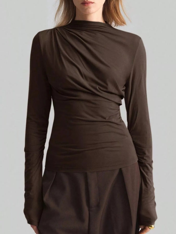 Ruched drape-front high-neck long sleeve top