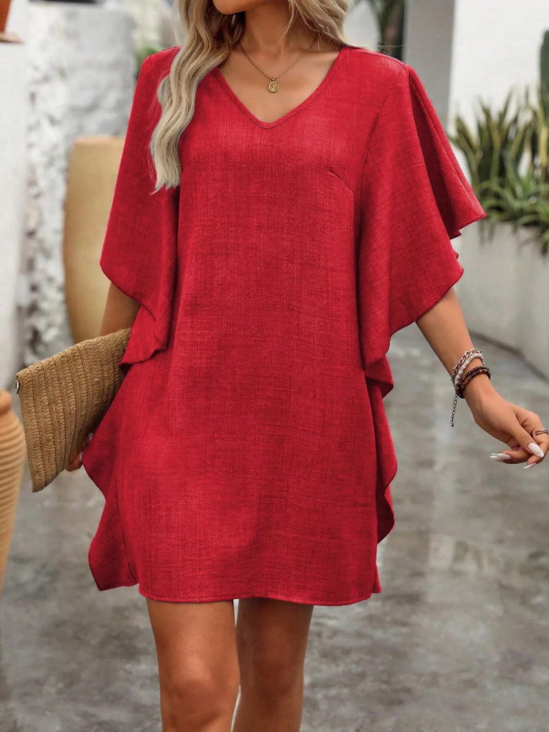 Flutter sleeve V-neck mini dress in textured weave