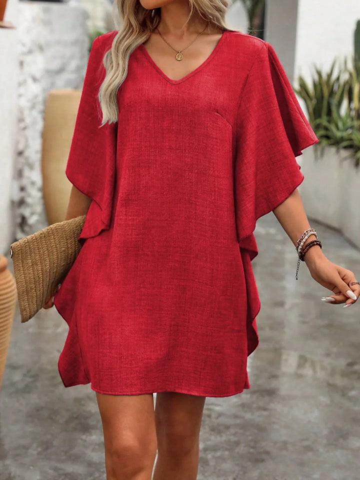 Flutter sleeve V-neck mini dress in textured weave