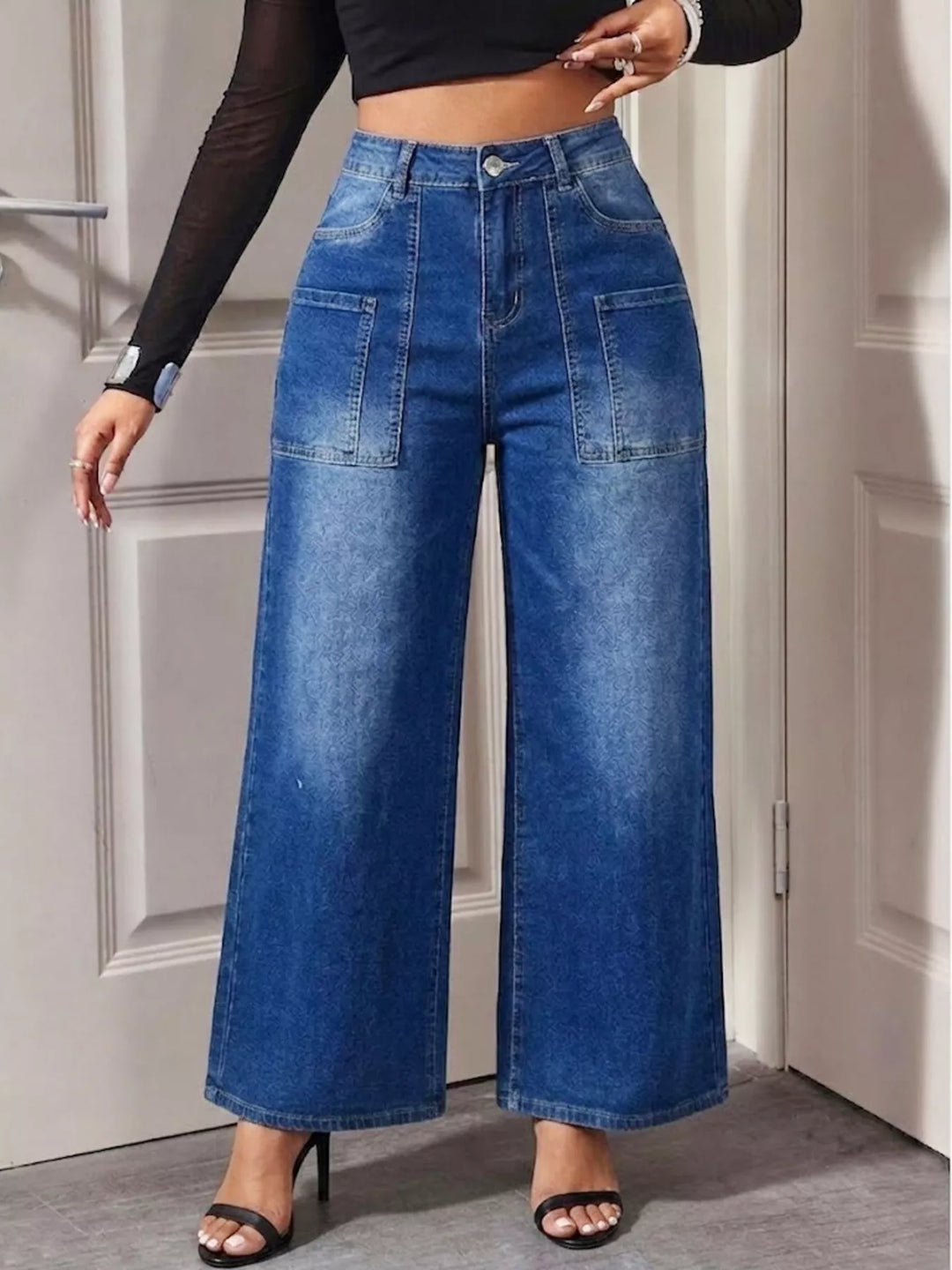 High-rise wide leg jeans with patch pockets - Peacock Blue