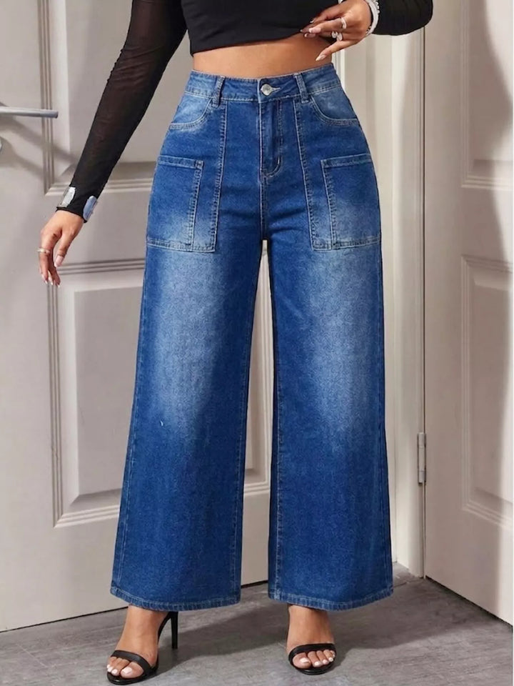High-rise wide leg jeans with patch pockets - Peacock Blue