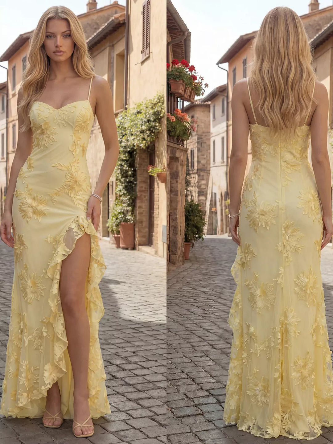 Floral lace maxi dress with ruffled side slit
