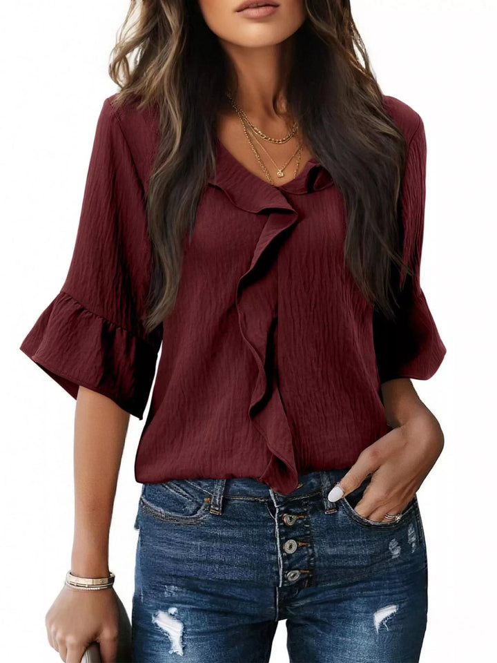 Burgundy Ruffle trim V-neck blouse with flared bell sleeves