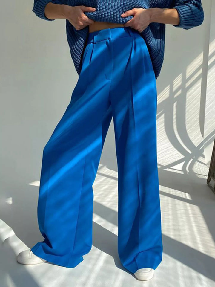 Blue Pleated wide-leg dress pants with high-rise waist