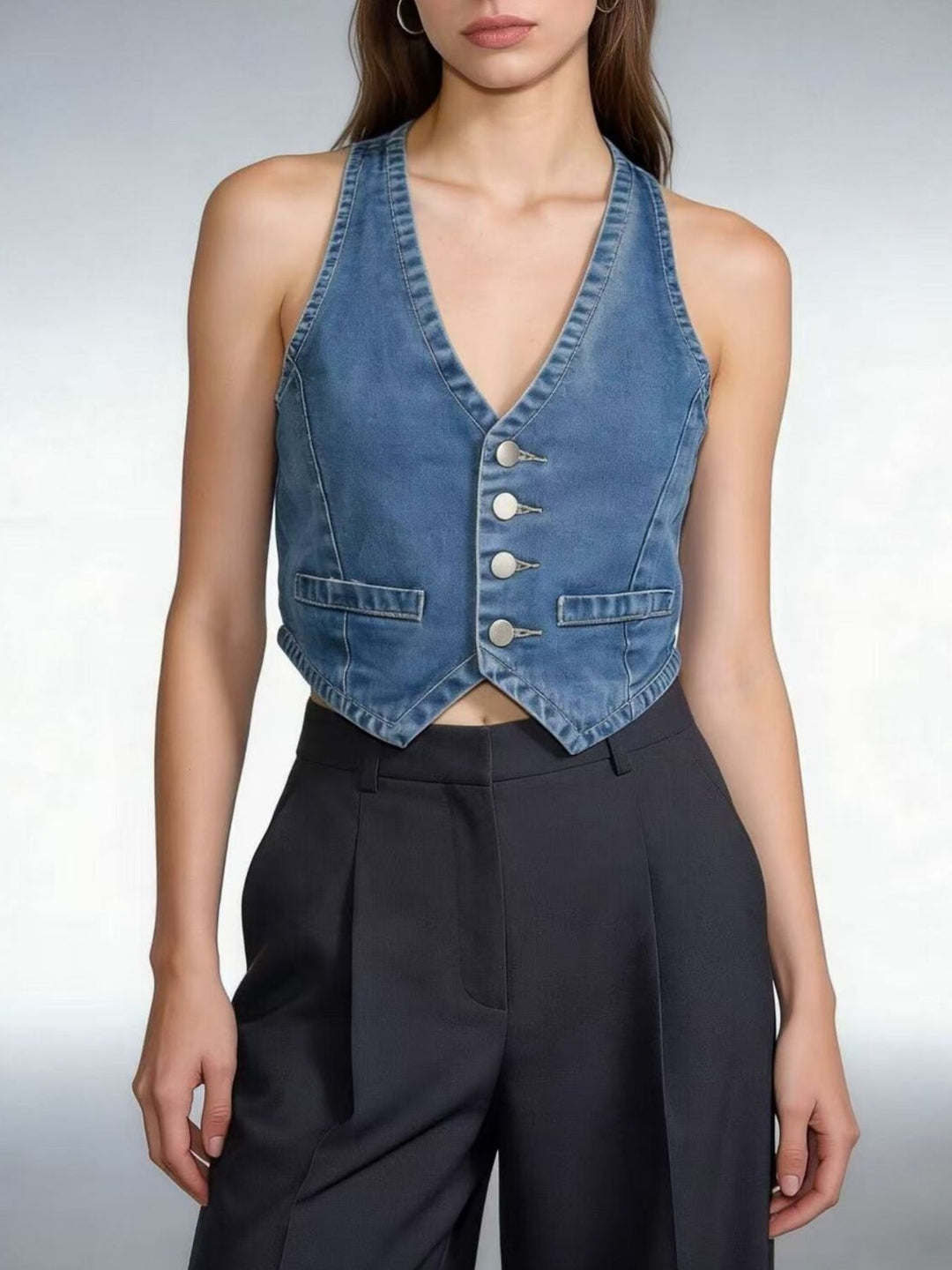 Cropped button-front denim vest with V-neck