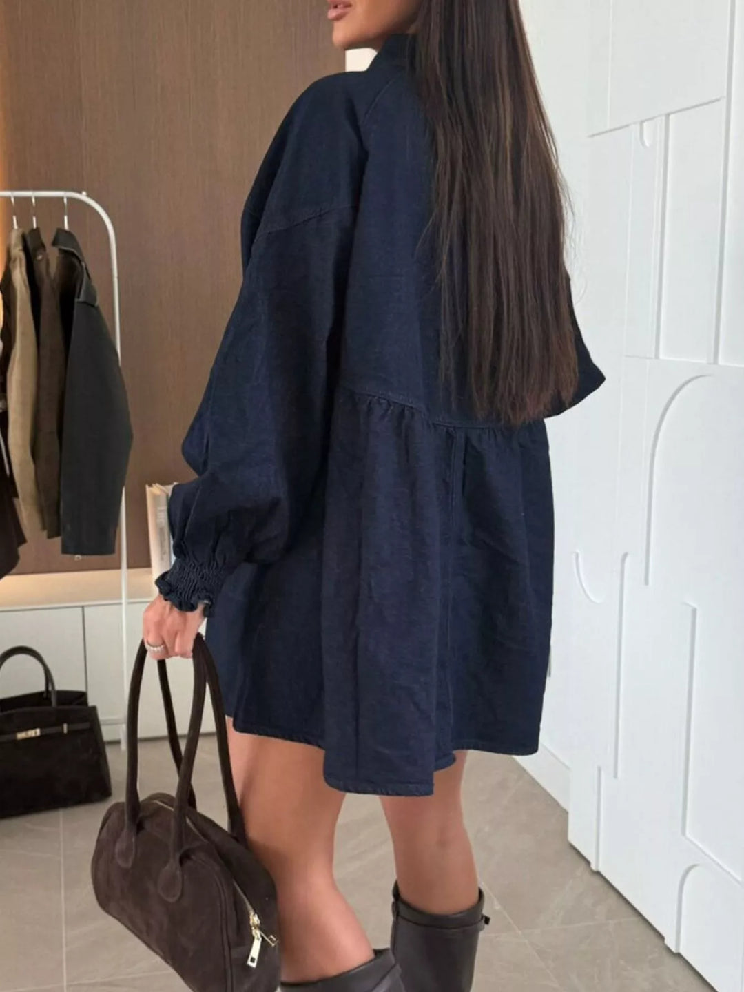 Button-down denim shirt dress with puff sleeves and pockets