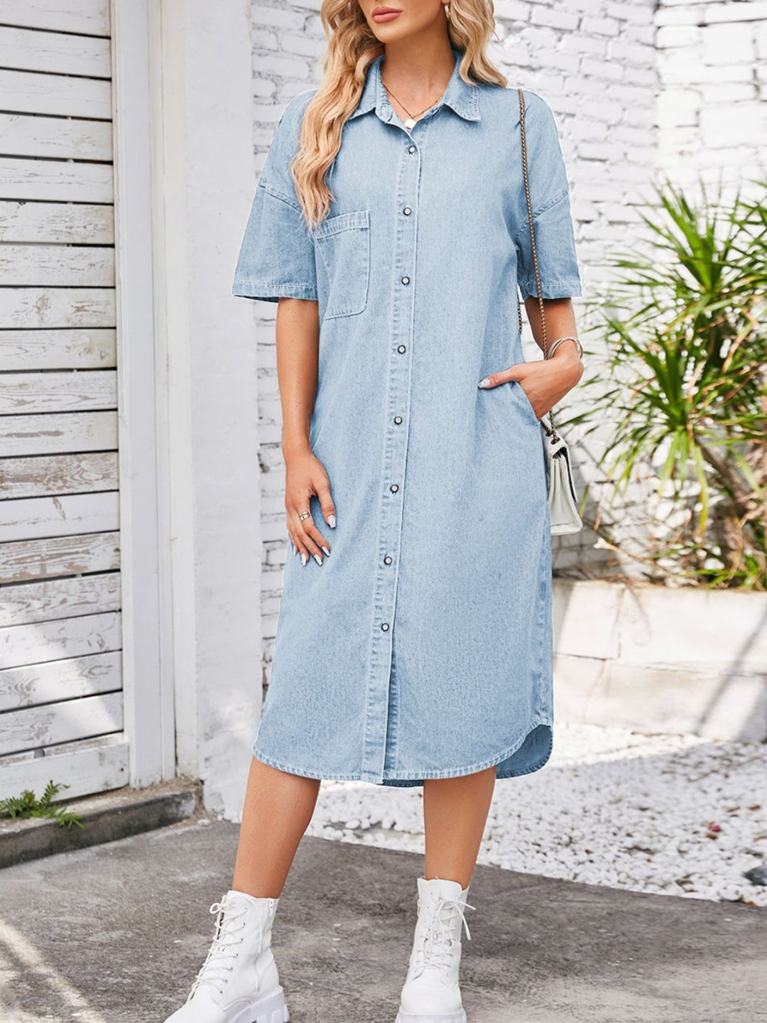Light Blue Button-down denim midi shirt dress with chest pocket