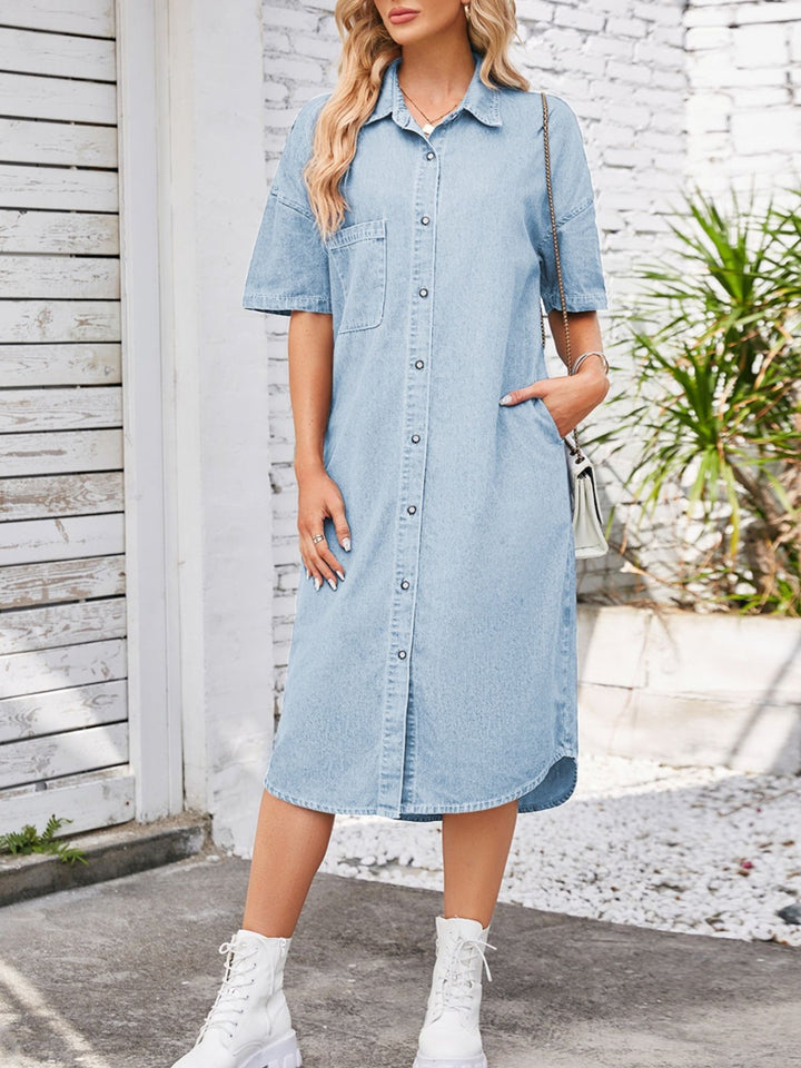 Light Blue Button-down denim midi shirt dress with chest pocket