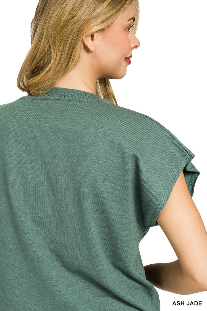 Extended-shoulder short sleeve knit sweater with ribbed trim
