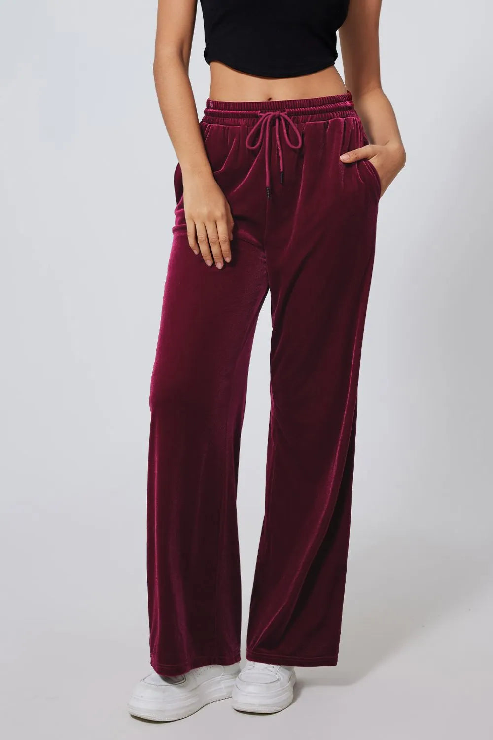 Burgundy Velvet wide-leg drawstring pants with side pockets