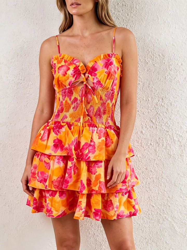 Orange Floral print cutout mini dress with tiered ruffle skirt