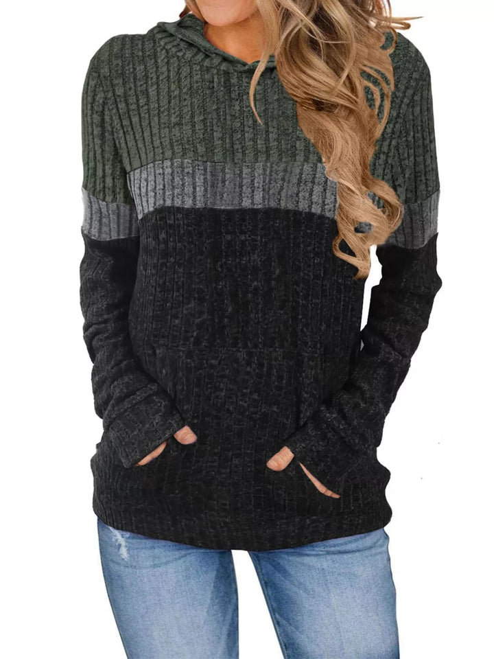 Army Green Color block ribbed knit hoodie with kangaroo pocket