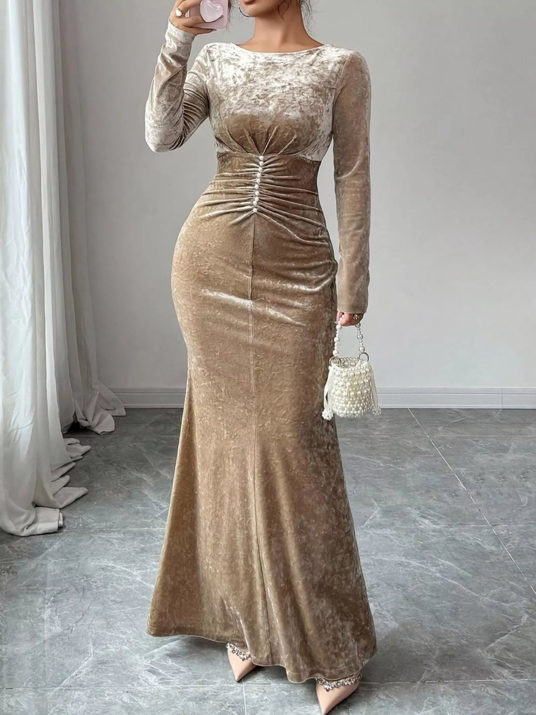 Crushed velvet ruched waist long sleeve maxi dress