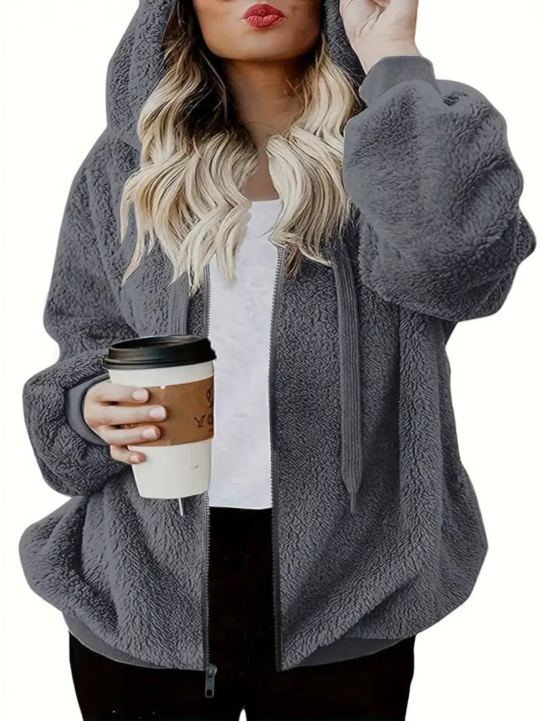 Gray Fuzzy fleece zip-up hoodie jacket with drawstring