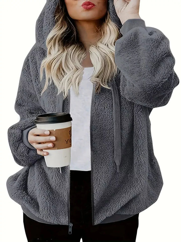 Gray Fuzzy fleece zip-up hoodie jacket with drawstring