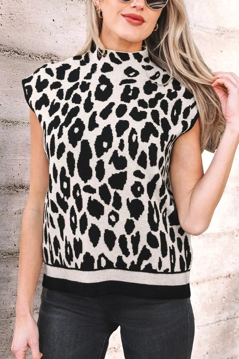 Leopard print mock neck cap sleeve sweater top